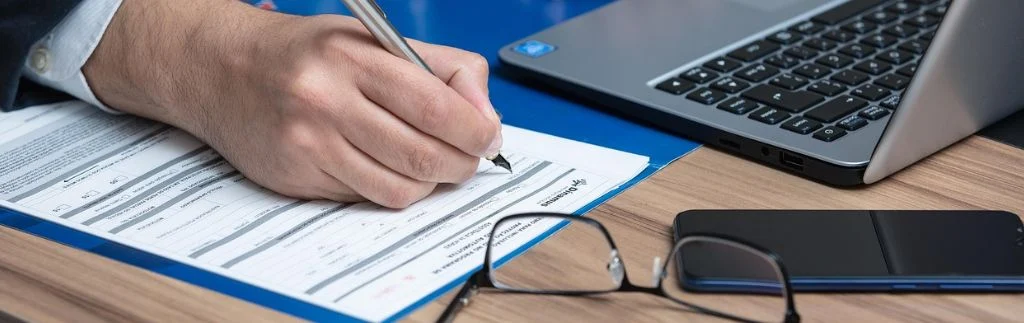 Remplissage d’un formulaire pour un visa non immigrant B Thaïlande, avec un ordinateur portable, un téléphone et des lunettes sur le bureau.