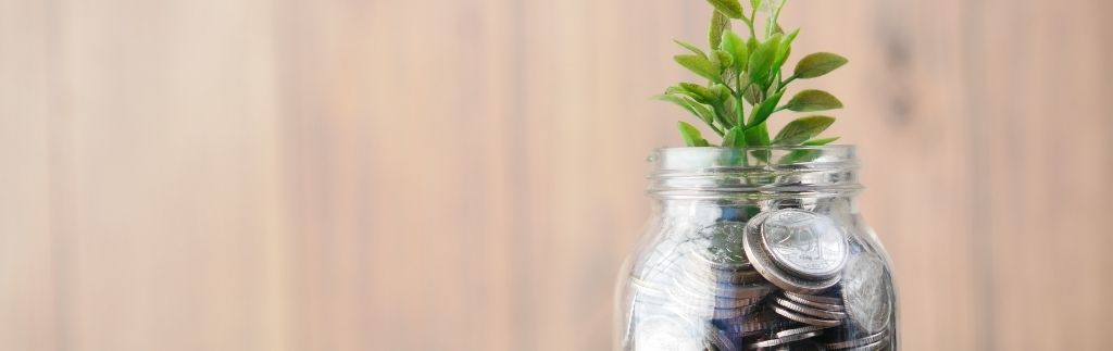 Glass jar filled with coins and a growing plant symbolizing foreign direct investment in Thailand